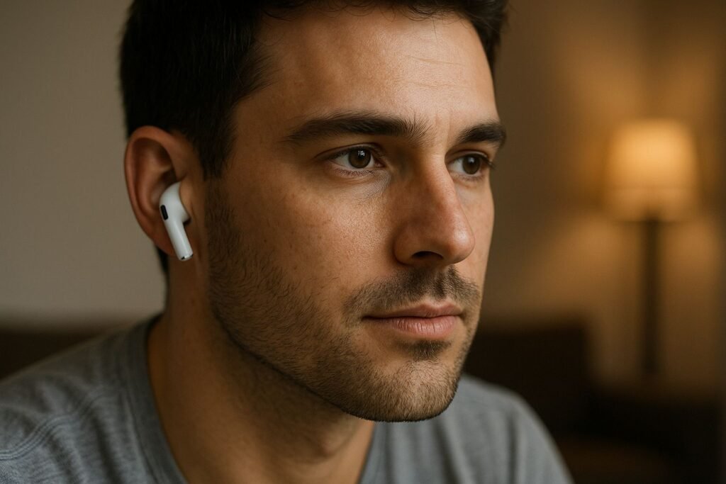 Homem usando fone de ouvido bluetooth